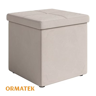 Beige Upholstered Square Storage Ottoman With Padded Top For Living Room 3d model