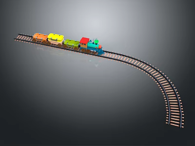 Toy Train With Curved Track And Colorful Carriages On Gray Background 3d model
