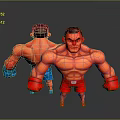 Muscular Men in Red Orange Outfits With Boxing Gloves 3D Model Displaying Fighting Stance