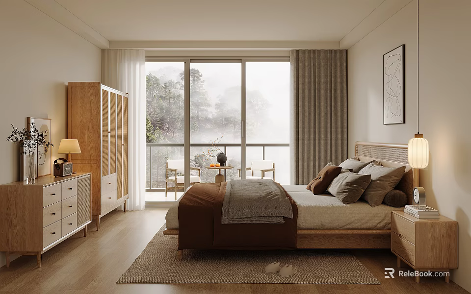 Serene Bedroom Interior With Large Windows Tree View Curtains Bed Wardrobe And Wooden Floor 3d model 