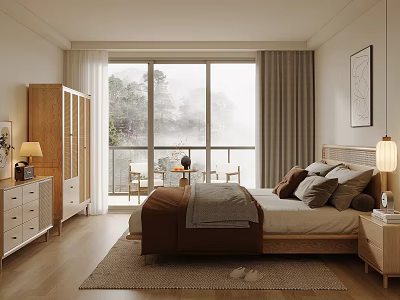 Serene Bedroom Interior With Large Windows Tree View Curtains Bed Wardrobe And Wooden Floor 3d model