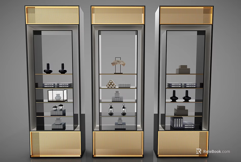 Modern Bookcase Interior With Glass Doors Gold Accents Shelves And Decorative Items 3d model 