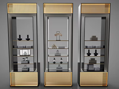Modern Bookcase Interior With Glass Doors Gold Accents Shelves And Decorative Items 3d model