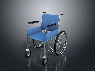 Blue Wheelchair With Metal Frame Fabric Seat Black Armrests And Spoked Wheels 3d model