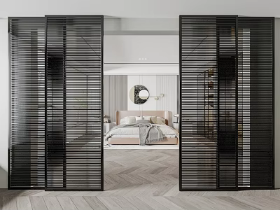 Modern Bedroom Interior Design With Black Lattice Doors Wooden Floor And Bed 3d model