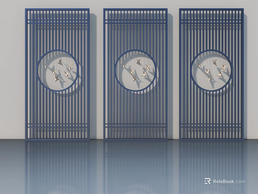 Modern Blue Swing Doors With Circular Bird Patterns And Lattice Design 3d model
