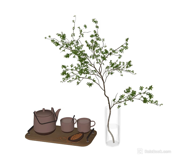 Traditional Tea Set with Teapot Teacups and Tray Near Vase with Green Leaves 3d model 