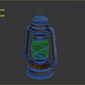 Vintage Kerosene Lamp with Metal Frame Wooden Base and Blue Glass Shade