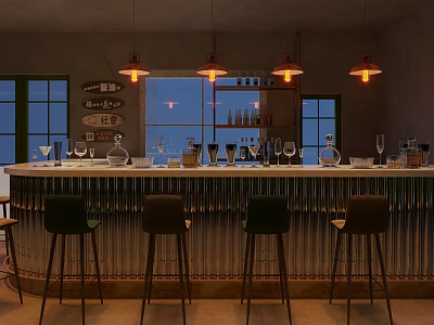 Industrial Bar Counter Interior With Green Bar Stools Wine Glasses And Pendant Lights 3d model