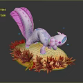 Blue Purple Creature With Pink Purple Decorative Tail In Green Orange Plants Grey Background