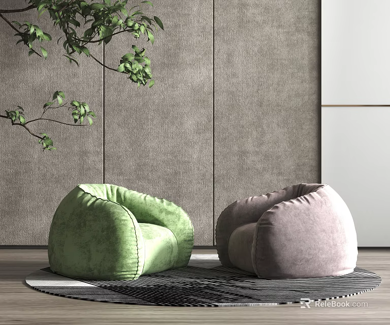 Green and Peach Bean Bag Chairs in Modern Living Room Interior with Plants 3d model 