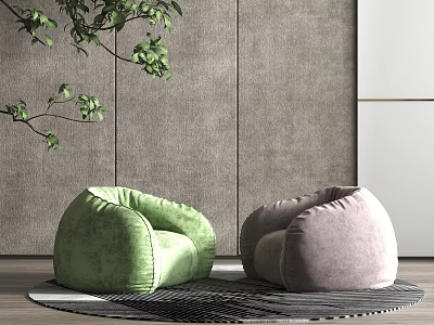 Green and Peach Bean Bag Chairs in Modern Living Room Interior with Plants 3d model
