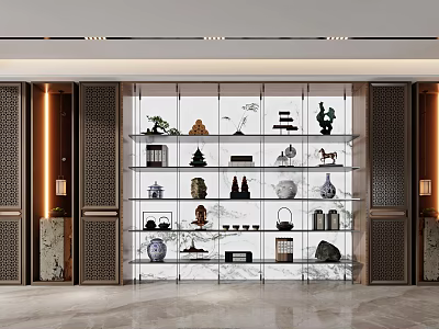 Elegant Interior Display Cabinet With Glass Shelves And Decorative Vases Sculptures 3d model