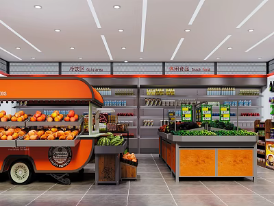 Supermarket General Merchandise Store With Orange Fruit Cart Fresh Fruits Vegetable Section And Shelves 3d model