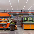 Supermarket General Merchandise Store With Orange Fruit Cart Fresh Fruits Vegetable Section And Shelves