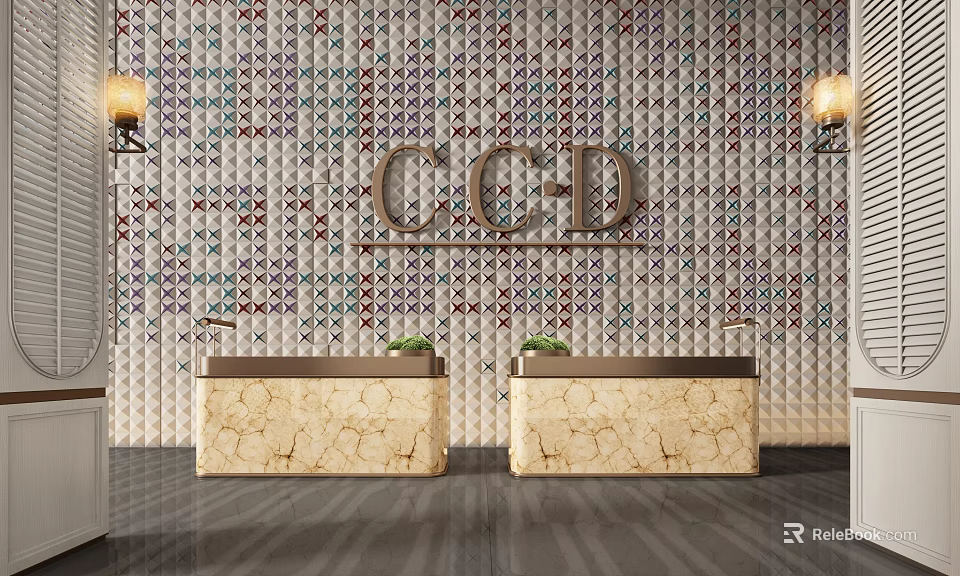 Two Marble Reception Desks With CCD Logo On Textured Wall And Wall Lamps 3d model 
