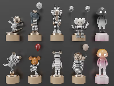 Various Decorative Striped Animal Shaped Dolls With Balloon Elements And Colorful Bases 3d model