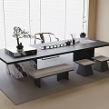 Modern Japanese Tea Table and Chairs With Marble Top Potted Plant And Tea Set