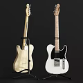 Two Electric Guitars White And Wooden Color Displayed On Stands With White Background