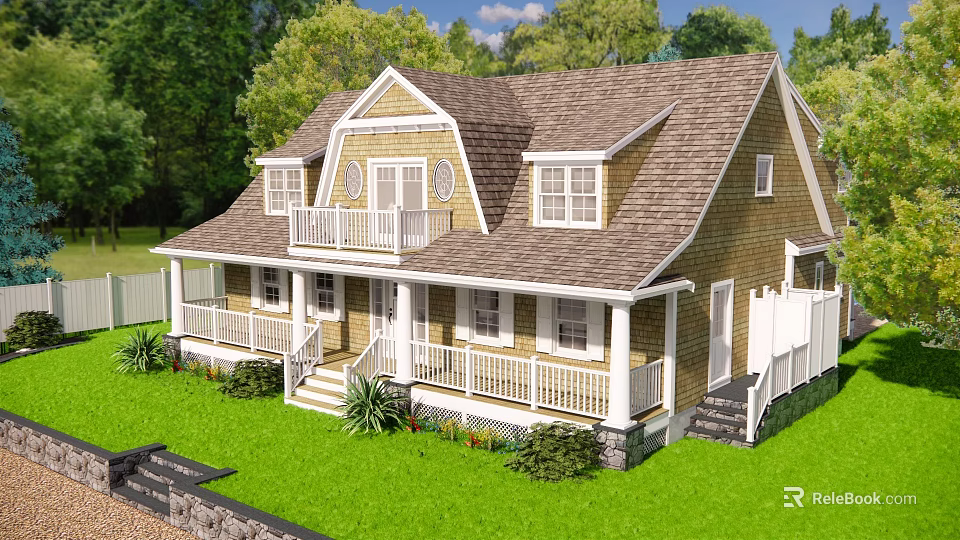Single Family Home With Yellow Exterior White Railings Brown Roof And Lush Green Lawn 3d model 