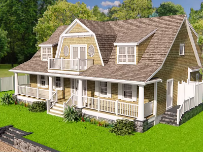 Single Family Home With Yellow Exterior White Railings Brown Roof And Lush Green Lawn 3d model