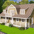 Single Family Home With Yellow Exterior White Railings Brown Roof And Lush Green Lawn