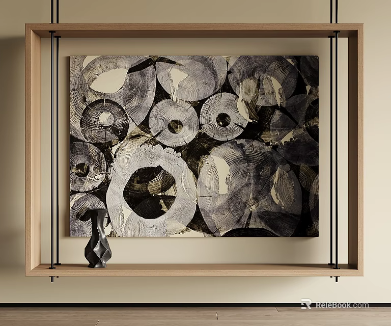Abstract Painting Featuring Circular Patterns Neutral Tones And Wooden Frame Design 3d model