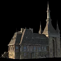 Historic Building With Pointed Spires Stone Walls Sloped Roof And Wooden Framed Windows