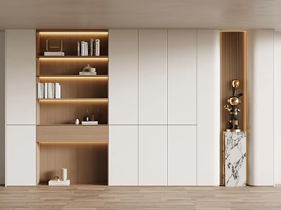 Modern White Bookcase With Wooden Shelves Built in Lighting Books And Marble Decor 3d model
