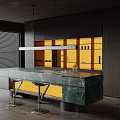 Modern Bar Interior With Green Marble Countertop Yellow Backdrop And Metal Bar Stools