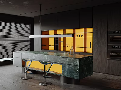 Modern Bar Interior With Green Marble Countertop Yellow Backdrop And Metal Bar Stools 3d model
