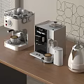 Modern White Kitchen Appliances Coffee Maker Electric Kettle Milk Frother on Wooden Tabletop