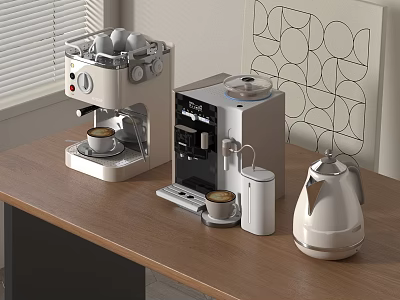 Modern White Kitchen Appliances Coffee Maker Electric Kettle Milk Frother on Wooden Tabletop 3d model