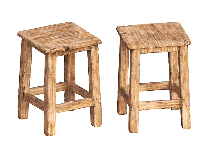 Two Natural Wood Rustic Stools With Square Seat And Wooden Legs 3d model