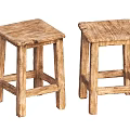 Two Natural Wood Rustic Stools With Square Seat And Wooden Legs