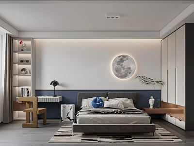 Modern Kids Room Interior Design With Moon Wall Decor Study Desk And Bookshelf 3d model