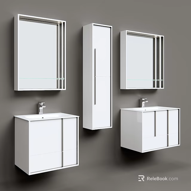 Modern White Wall Mounted Washbasin Vanity Set With Mirrors And Storage Cabinet 3d model 