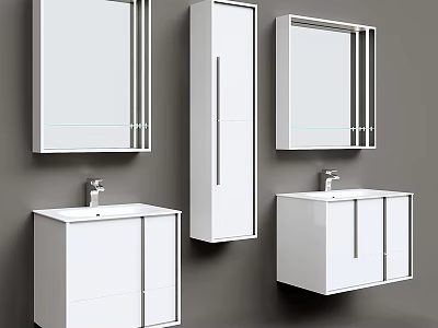Modern White Wall Mounted Washbasin Vanity Set With Mirrors And Storage Cabinet 3d model