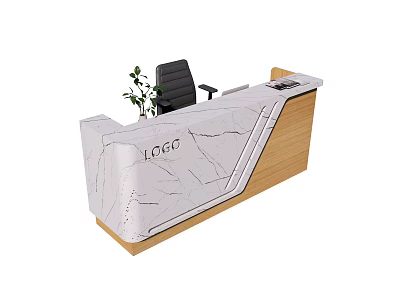 Modern Reception Desk With Marble Countertop Wooden Frame Black Chair Small Plant And Logo 3d model