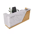 Modern Reception Desk With Marble Countertop Wooden Frame Black Chair Small Plant And Logo