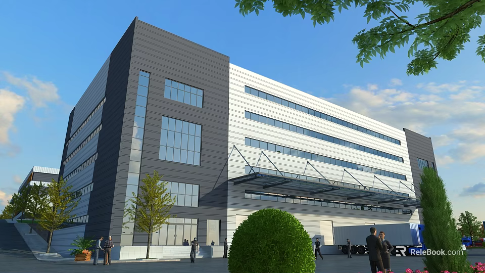 Modern Industrial Factory Building With Glass Windows Gray White Exterior And Greenery 3d model 