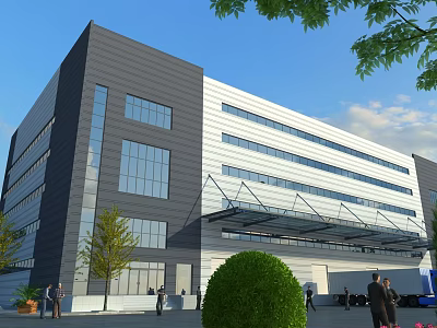 Modern Industrial Factory Building With Glass Windows Gray White Exterior And Greenery 3d model