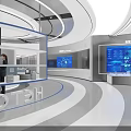 Modern Indoor Space Featuring Blue Light Streaks Grid Glass Wall And Reflective Floor