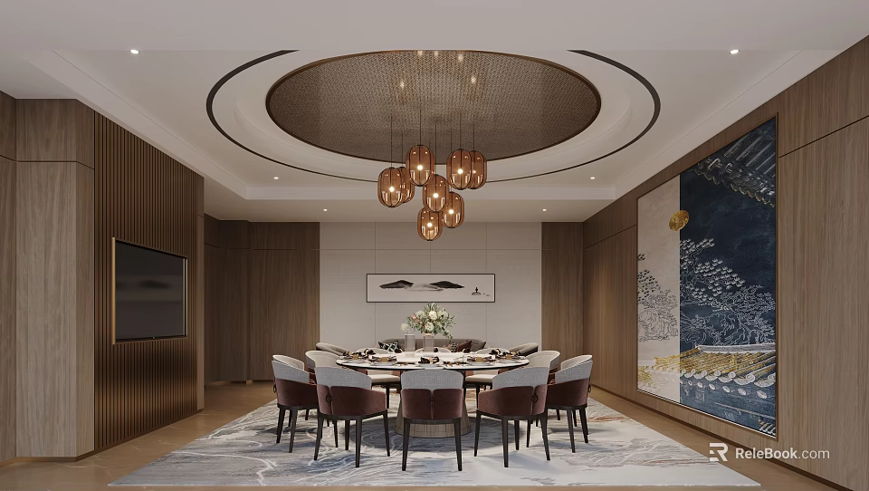 Elegant Private Dining Booth Interior With Round Table Chandelier And Art Decor 3d model