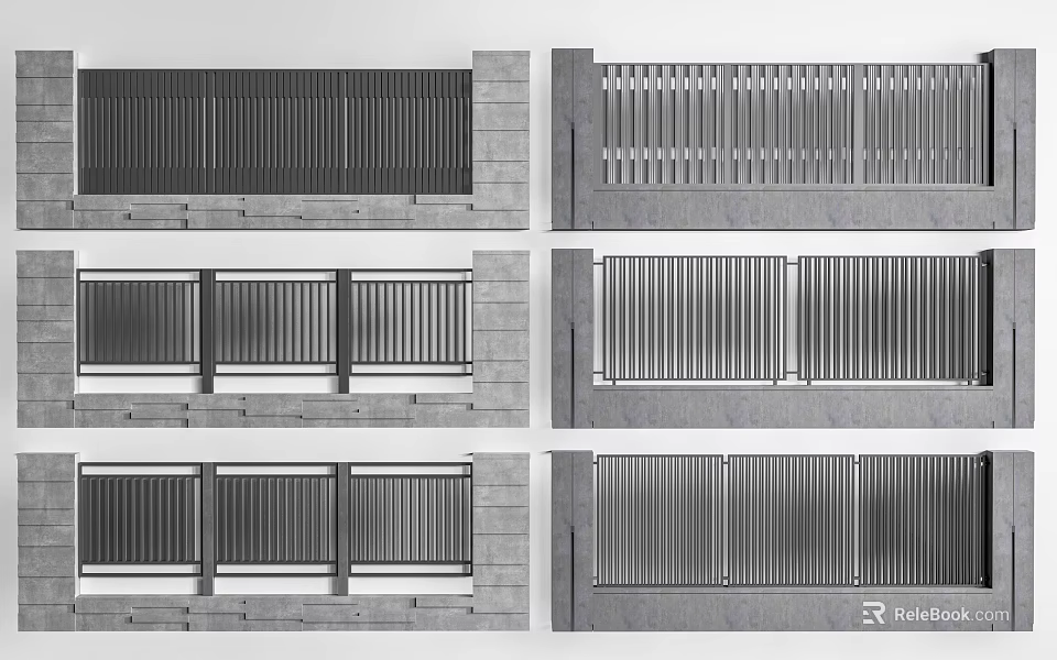 Modern Entrance Gate Designs With Metal Slats And Stone Wall Structures 3d model 