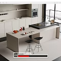 Modern Kitchen Island Bar Counter With Fruit Plates Utensils And Black Bar Stools