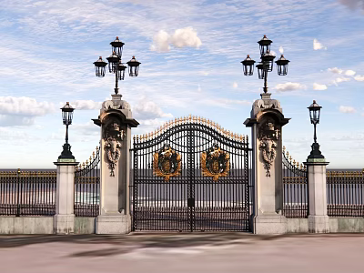 Ornate Iron Entrance Gate With Decorative Emblems And Lamp Posts Against Blue Sky 3d model
