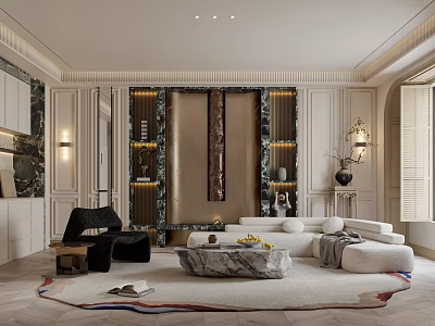 Elegant Modern Living Room Interior Design With Marble Coffee Table Sofa And Wall Lamps 3d model