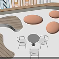 Curved Wooden And Circular Orange Landscape Seats With Small Black Table And White Chairs