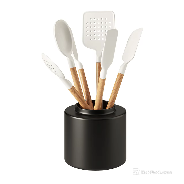 Essential Kitchen Utensil Set with Wooden Handles in Black Container Including Spatulas and Spoons 3d model 